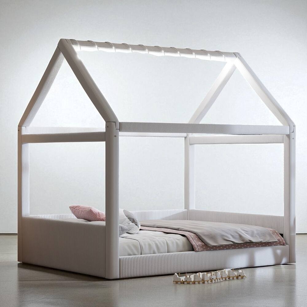 Full Size Upholstered House Daybed with Corduroy Fabric and LED Light Strip, Wood Frame, No Box Spring Needed