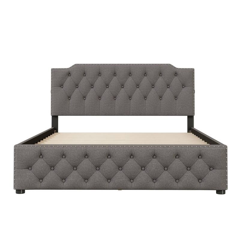 Queen Size Linen Upholstered Platform Bed with Drawers and USB Ports