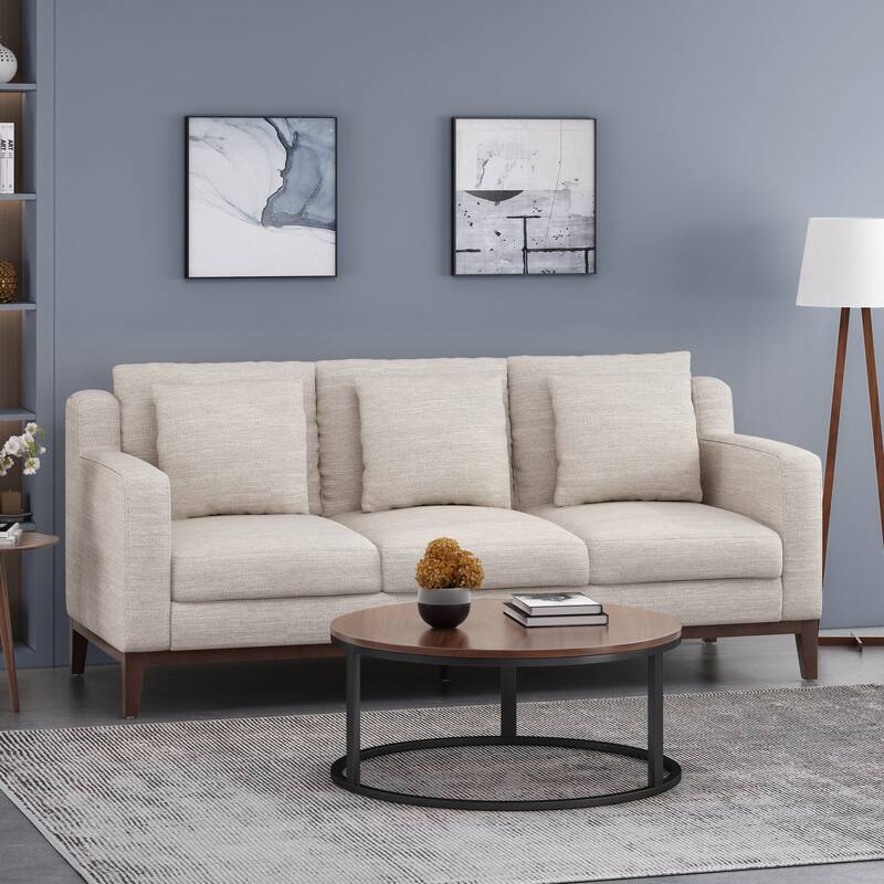 Elliston Fabric Contemporary 3-seater Sofa with Accent Pillows by Christopher Knight Home - Beige + Dark Walnut