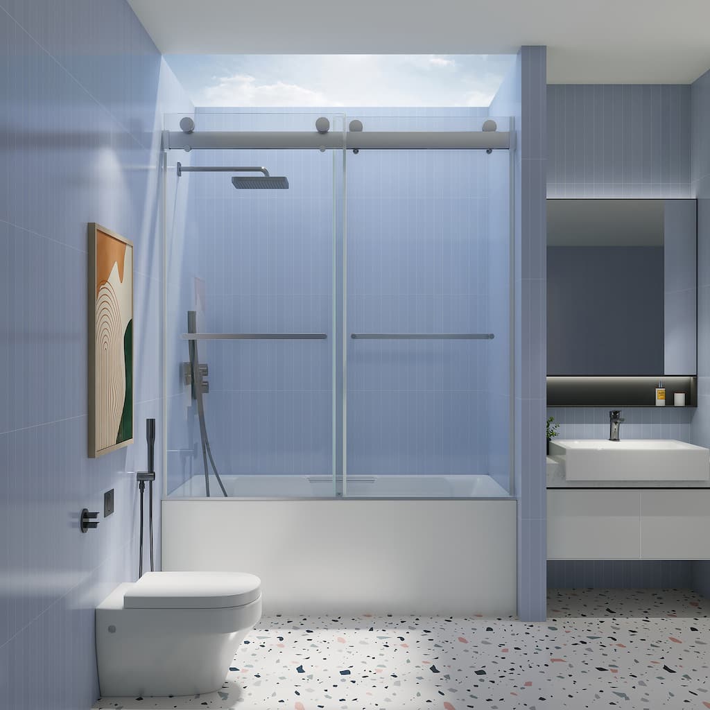 ABRUZZO 56-60" W x 62" H Frameless Double Sliding Tub Door with Soft-Close 5/16" (8mm) Tempered Glass