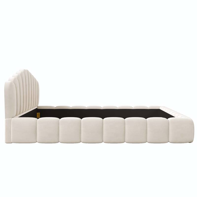 Velvet Upholstered Queen Bed Frame with Shell-Shaped Headboard