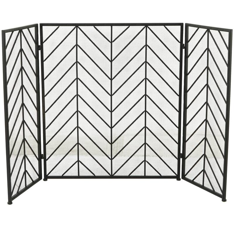 Gold Metal Foldable Mesh Netting 3 Panel Geometric Fireplace Screen with Chevron Pattern
