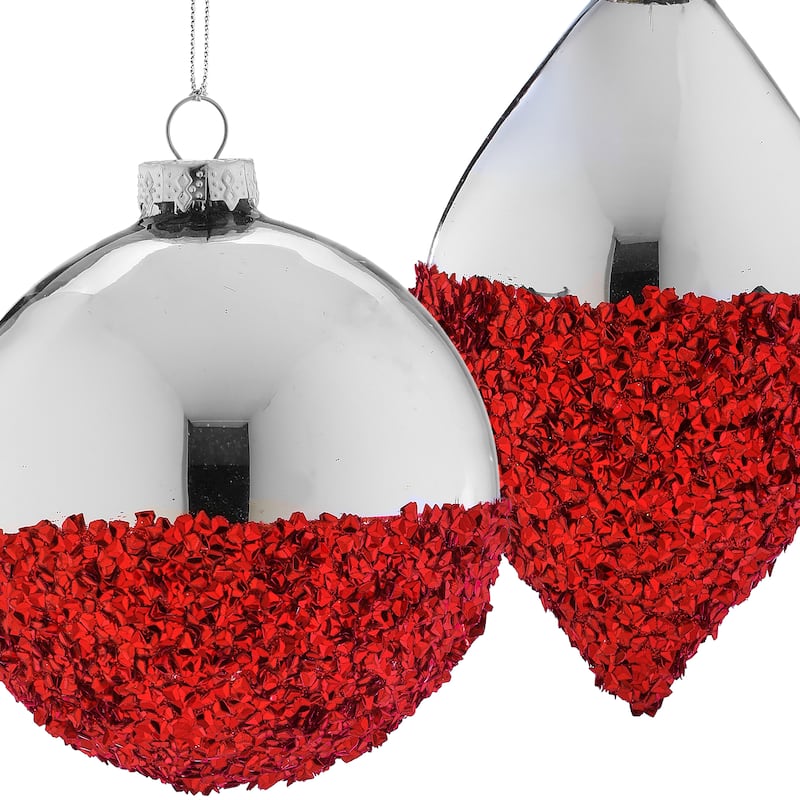 4-5.5" Glass and Sequin Ball and Finial Ornament Set of 2