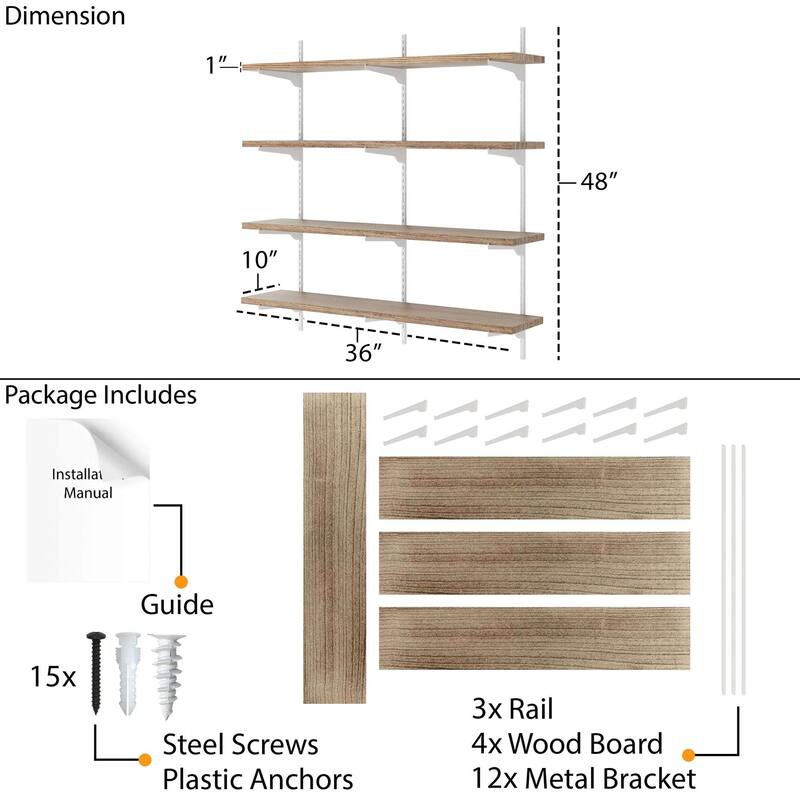 Wallniture Turin 36" Wall Mounted Shelves with Adjustable Brackets, Real Wood Shelves, Rustic & Boho Decor 2,3 or 4 Tier Options