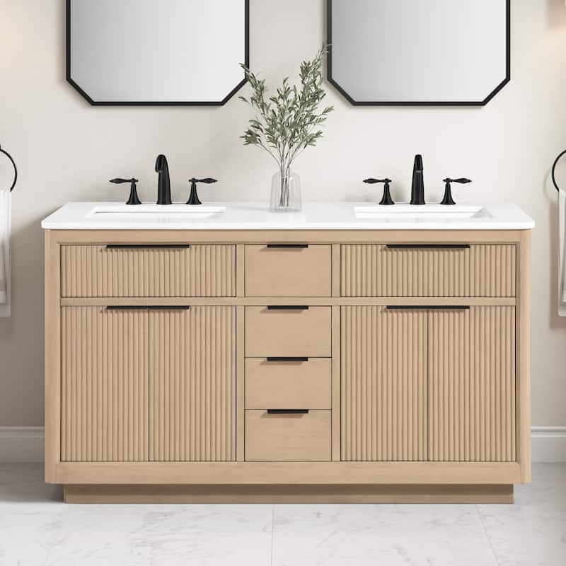 OVE Xander Bathroom Vanity with White Engineered Stone Top - 60" - Sahara Birch with Matte Black Hardware