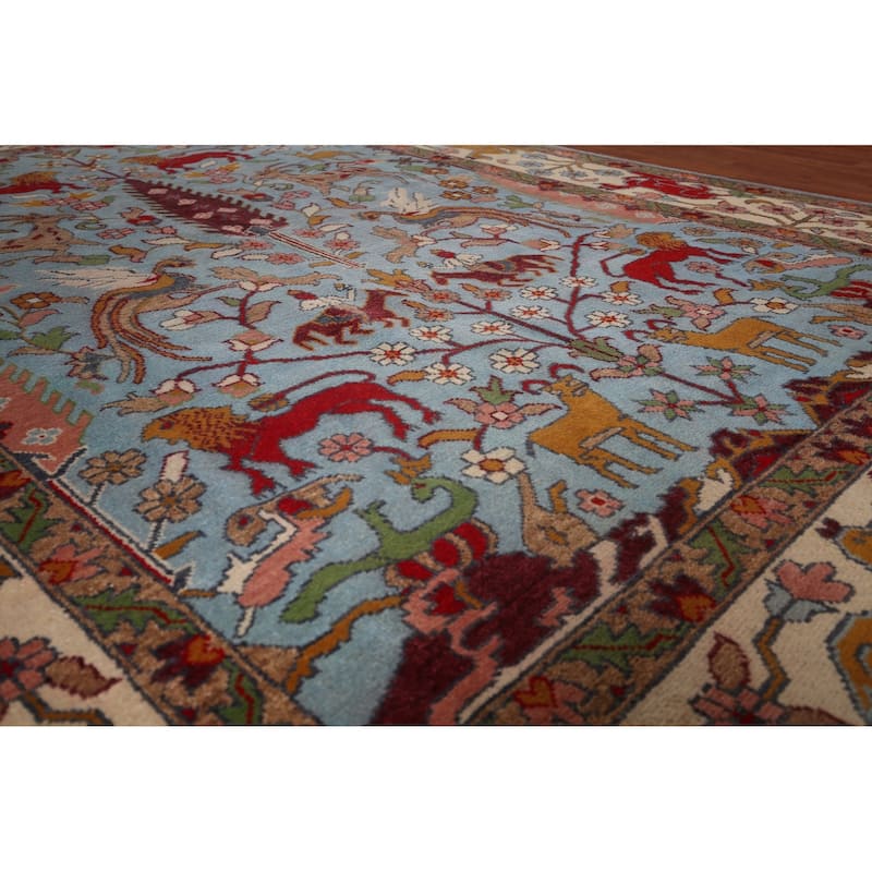 Hunting Animals Blue Ziegler Indian Area Rug Hand-Knotted Wool Carpet - 8'10"x 12'2"