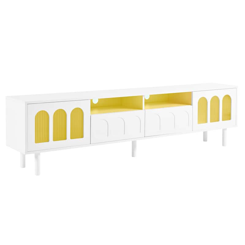 LED TV Stand for Living Room, Entertainment Center for TVs Up to 80" with Wood Legs, Storage Media Console with 2 Drawers