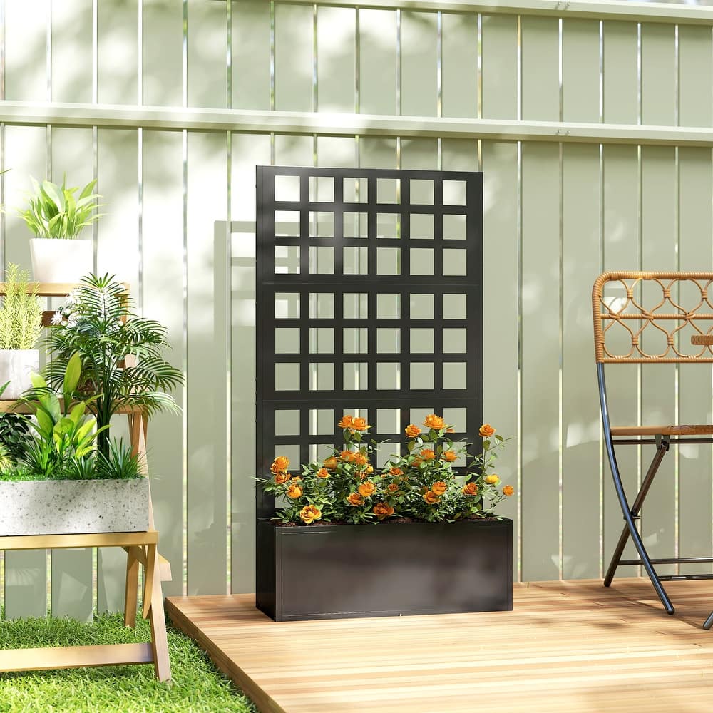 Outsunny Galvanized Raised Garden Bed with Trellis, Metal Planter Box with Drainage Holes