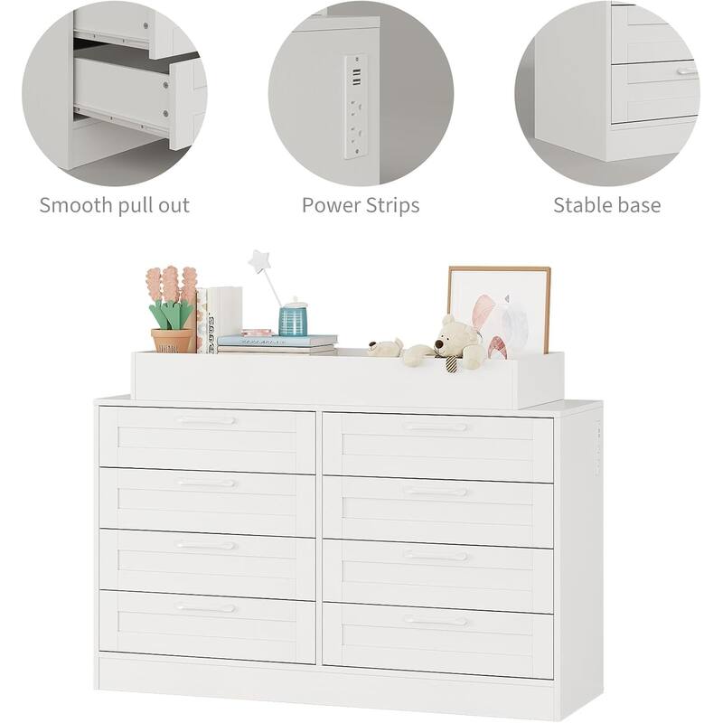 Baby Changing Dresser with 8 Drawers,Wooden Nursery Dresser with Safety Rail & Open Shelf