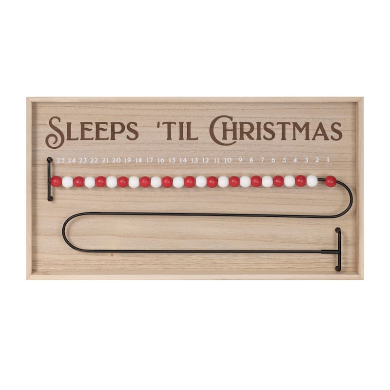 HomeRoots 11" X 20" Natural And Red Wood Sleeps 'Til Christmas Advent Calendar Hanging Wall Decor