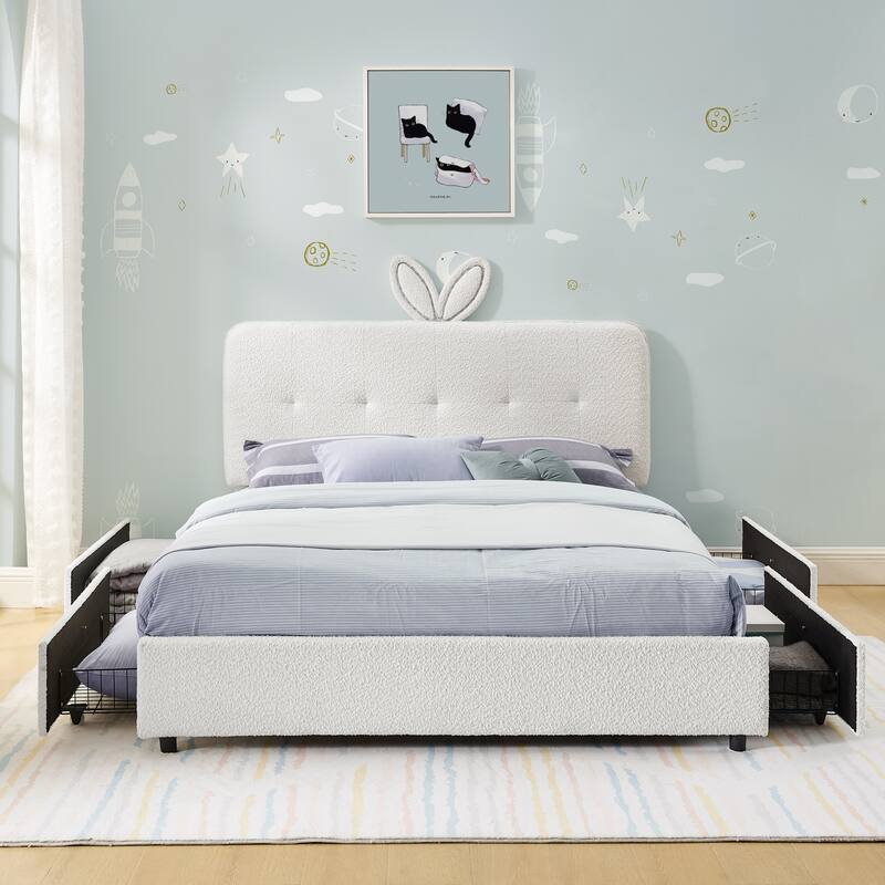 Kids Boucle Upholstered Bed with Rabbit Ear Headboard, LED Music Sync & 4 Drawers - Beige - Full