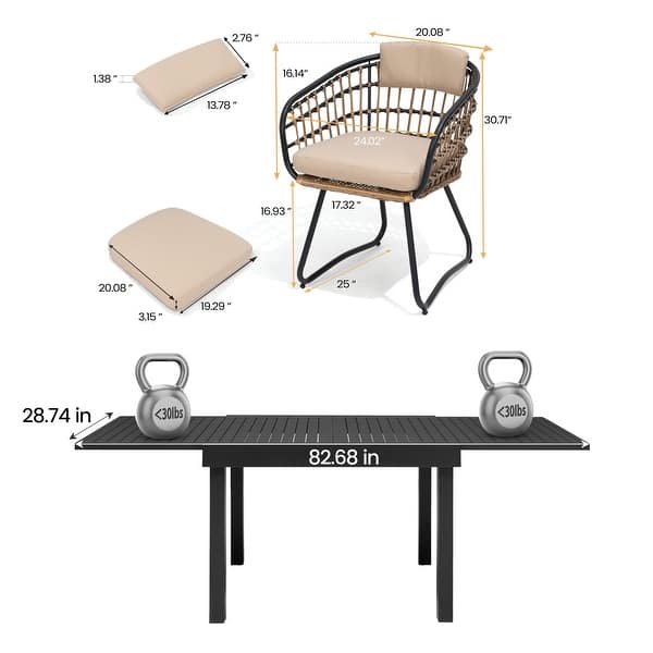 dimension image slide 4 of 6, 7/11PC Outdoor Aluminum Expandable Patio Dining Sets Extension Table with Rattan Chair