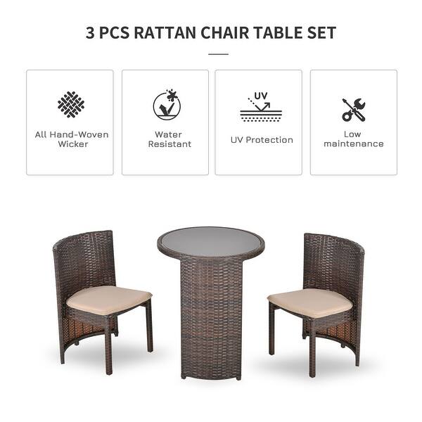 Outsunny 3 Pcs Outdoor Rattan Wicker Bistro Set With Storage Shelf Glass Top Table Soft Cushioned Chairs Overstock 33606752