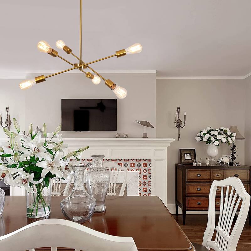 Modern 6-Light Sputnik Linear Chandelier, Modern Sputnik Sphere Chandelier for Dining Room Living Room Bedroom Kitchen