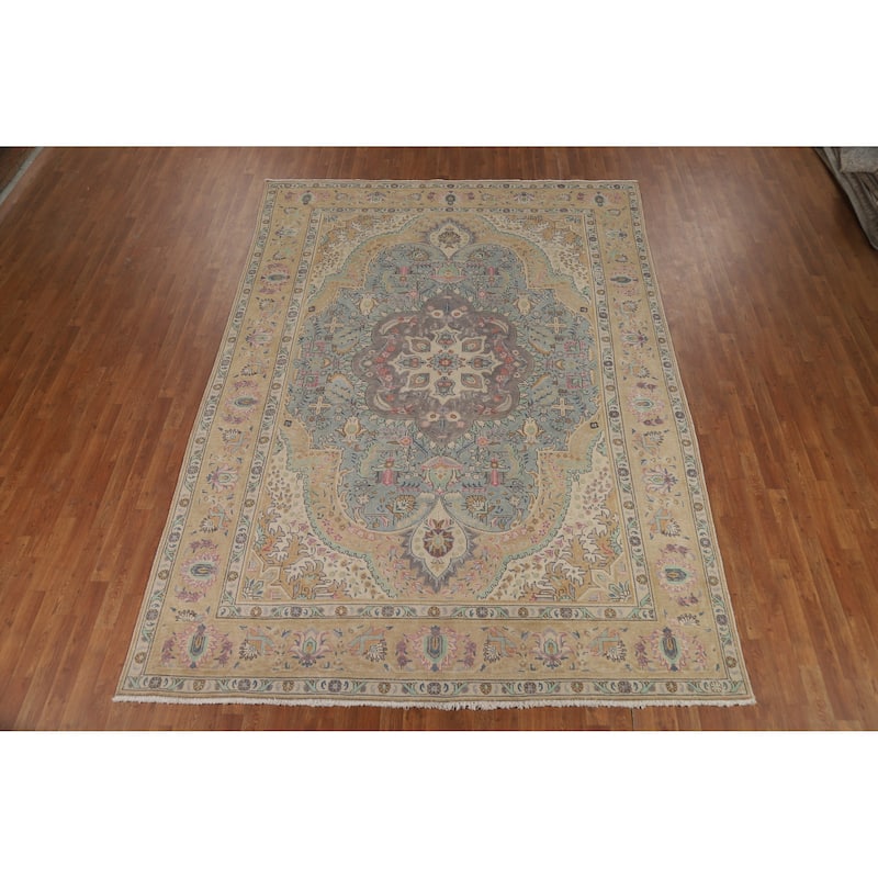 Blue / Medallion Tabriz Persian Vintage Rug Handmade Wool Carpet - 7'11" x 11'1"