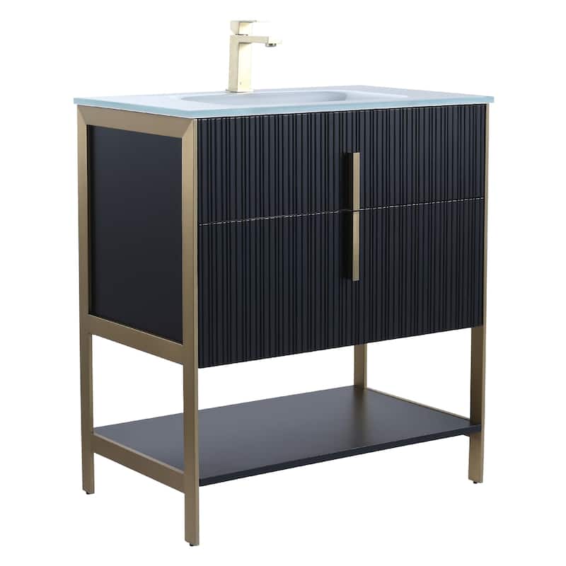 Fine Fixtures Serenity Modern Bathroom Vanity with White Glass Top - Black Matte - Brass Hardware - 30 inch