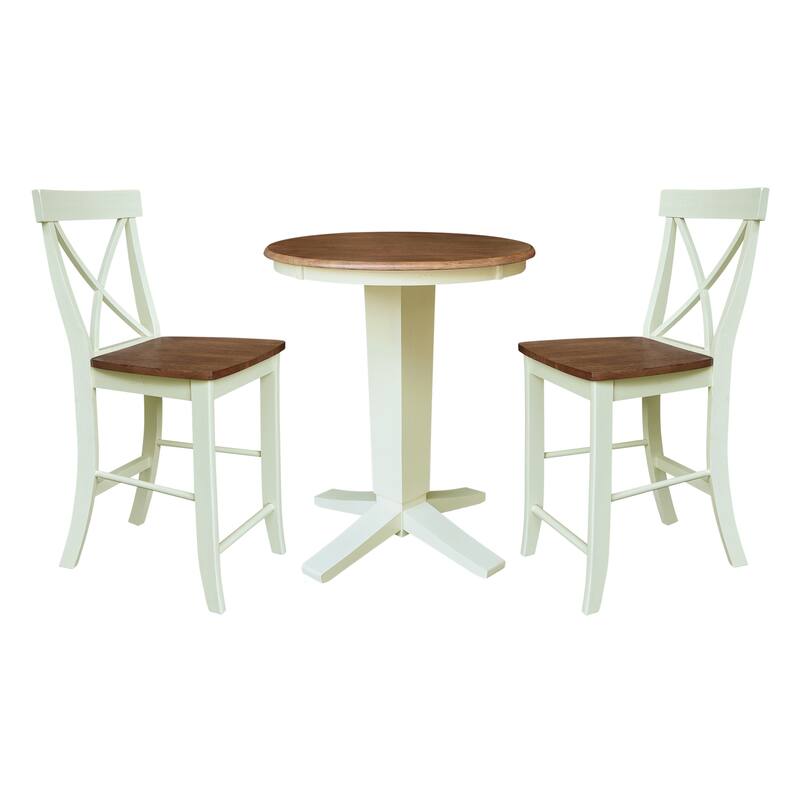 30" Solid Wood Round Top Pedestal Dining Table with 2 Counter Height Stools