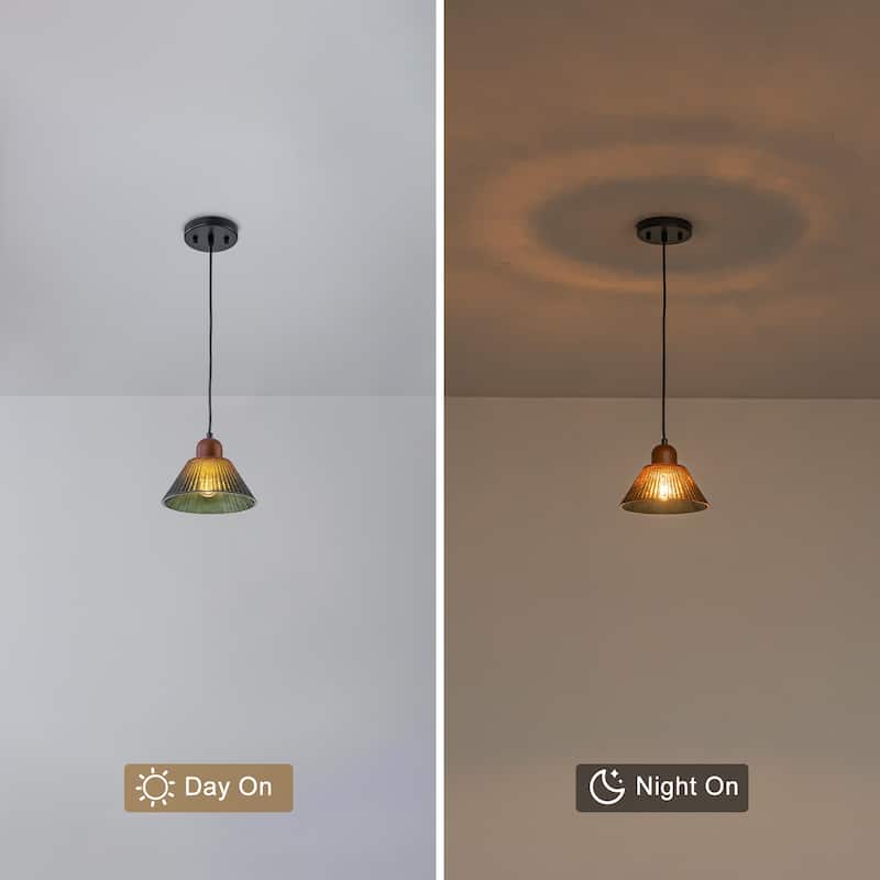 7.48" 1-Light Vintage Pendant Light Wood Accents Gradient Glass Shade - Dia.7.5-in
