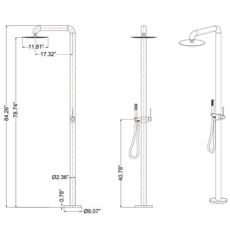 84''H Freestanding Outdoor Shower Rainfall with Handheld Shower in Stainless Steel