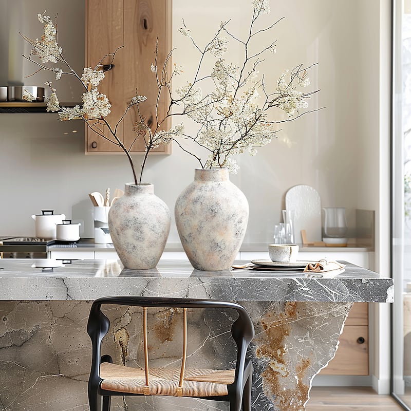 2-Piece Marbled White Round Stoneware Vase Set