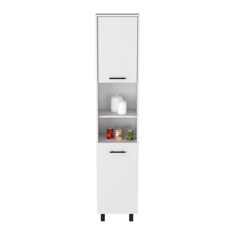 Kitchen Pantry 79" H, Two Open Storage Shelves, Three Internal Shelves, Two Doors, Four Legs, White