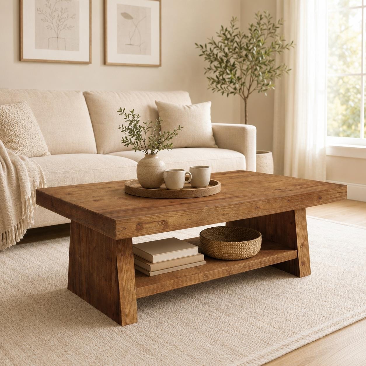 47.24-Inch Solid Wood Coffee Table with 2-Tier Open Storage - 47.24" W × 23.62" D × 19.69" H