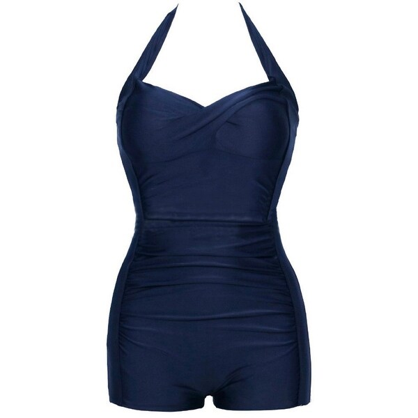 QZUnique Retro Halter Boy-Leg Bow Chest One Piece Swimsuit Push Up Monokinis