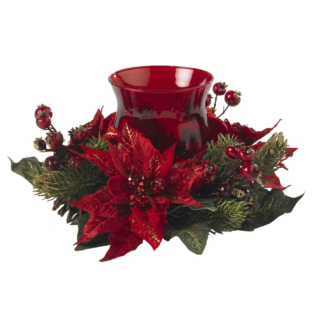 13" Poinsettia and Berry Christmas with Candleholder