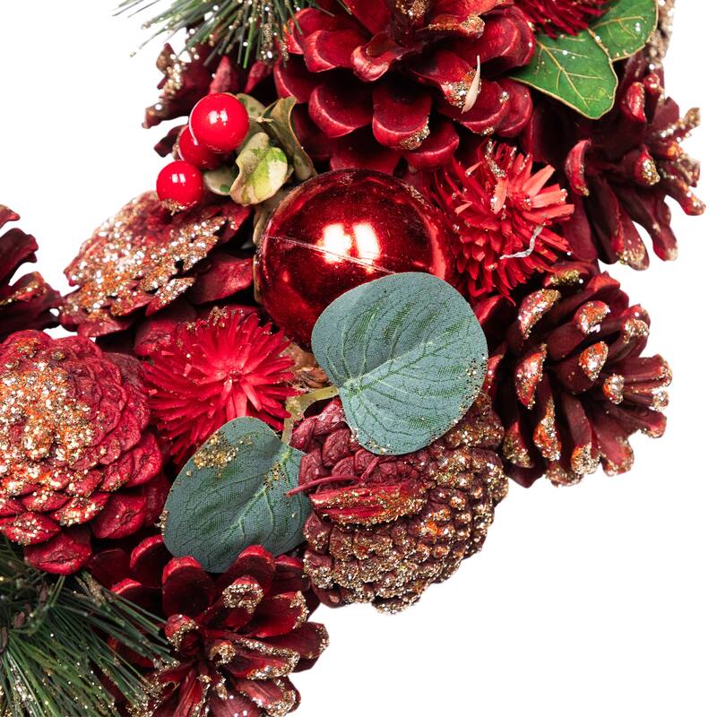 Pinecone, Berry and Ball Ornament Glittered Artificial Christmas Wreath - 13" - Unlit