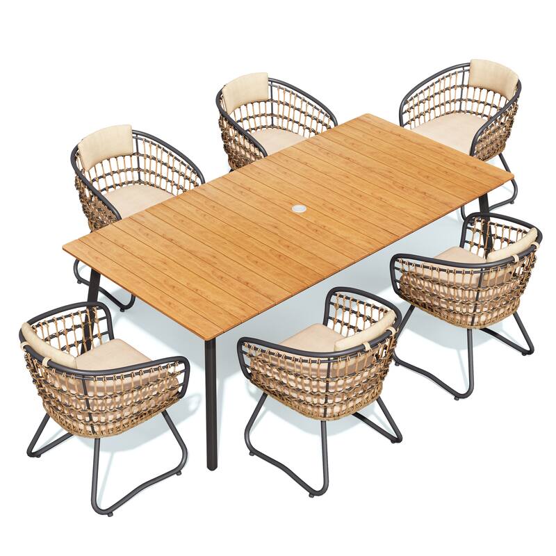 Outdoor 7 PC- Patio Rectangular Aluminum Dining Table Set with Umbrella Hole with Rattan Chair