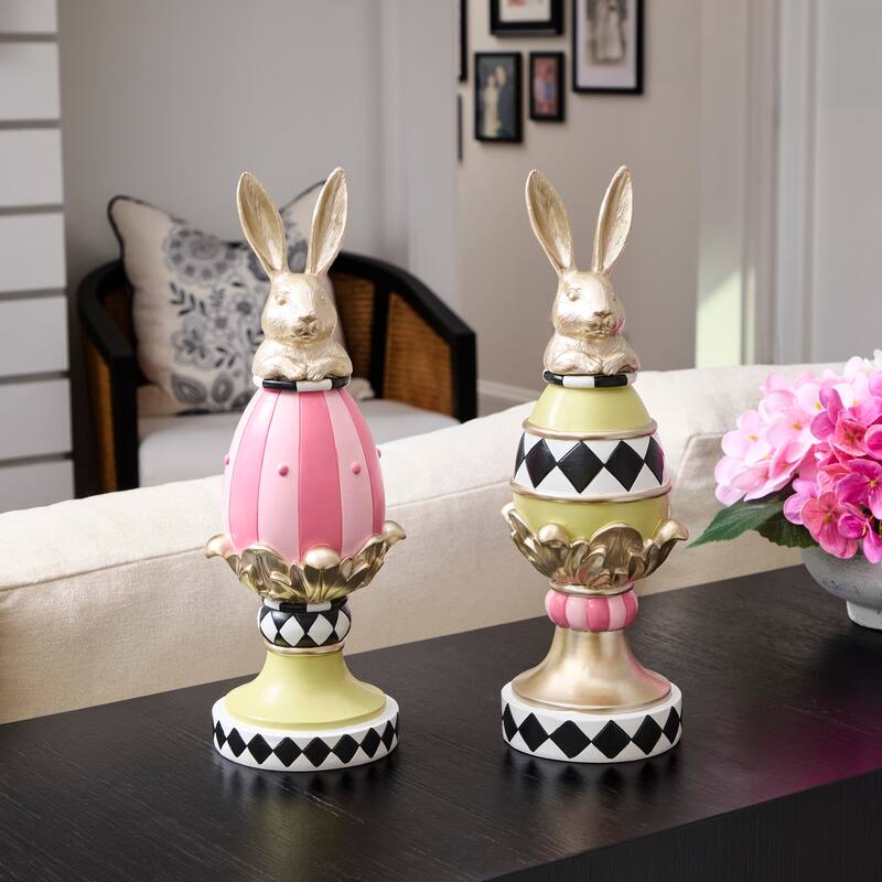 13.5" Resin Garden Bunny Egg Topiary Set of 2