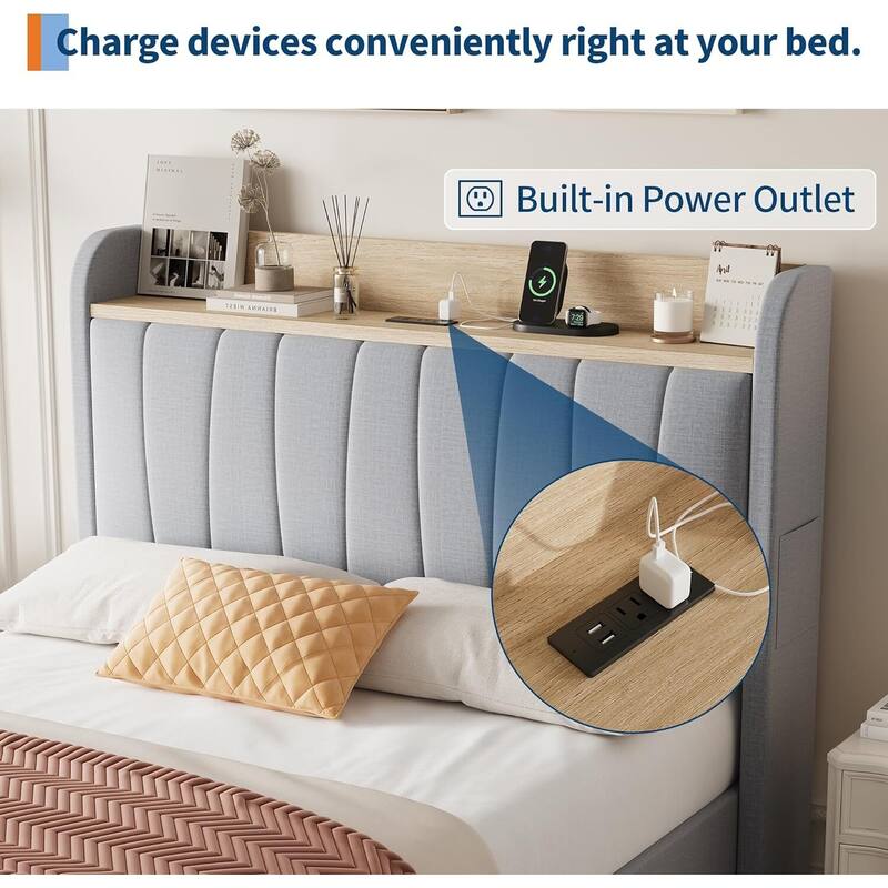 Upholstered Platform Beds with Drawers, Storage Headboard, Charging Station, Grey
