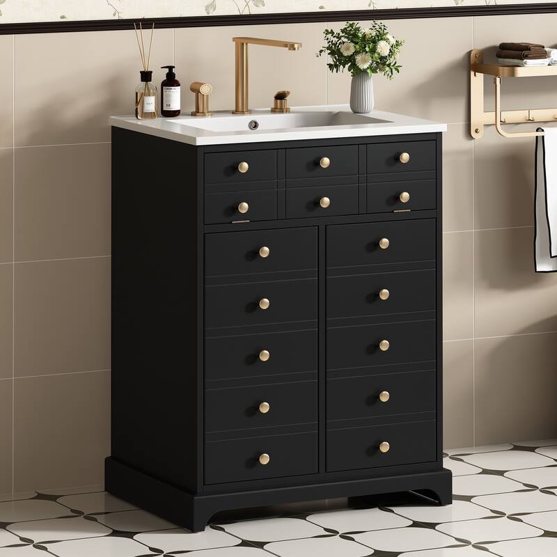 GDFStudio - Marlowen Modern Bathroom Vanity with Ceramic Sink and Storage Drawer & 2 Soft-Closing Doors - 24.01'W - Black