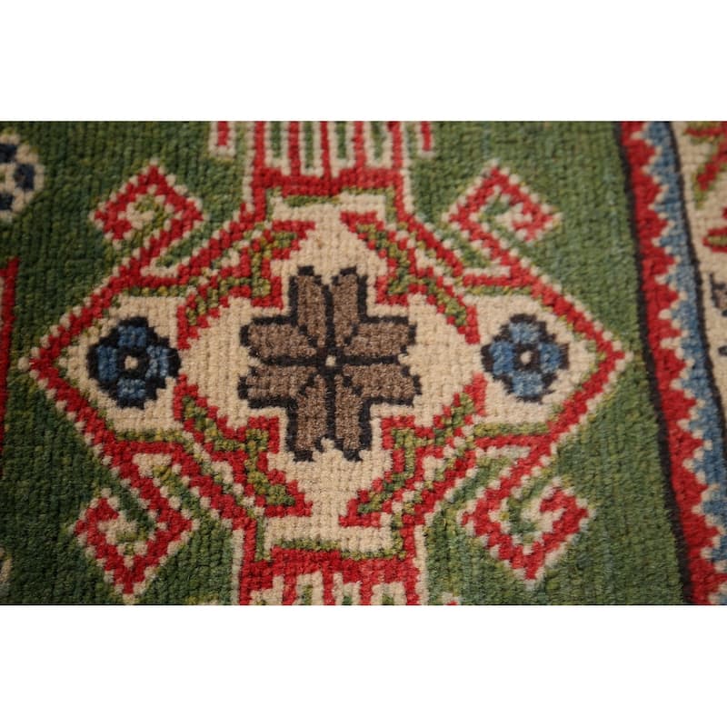 Green Geometric Kazak Oriental Accent Rug Handmade Wool Carpet - 1'10"x 2'10"