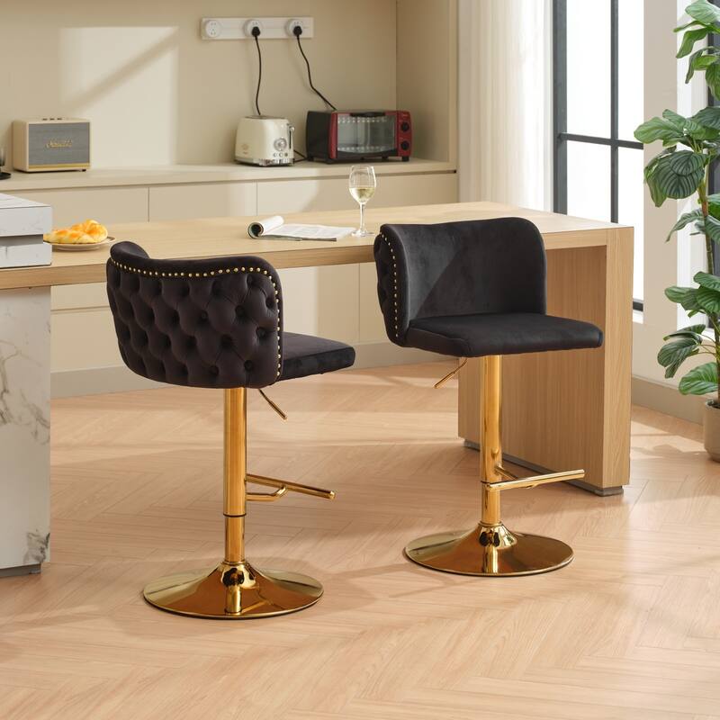 Swivel Barstools Adjusatble Seat Height With Gold-plating Base, Classic Velvet Upholstered Bar Stools with the whole Back Tufted - Black