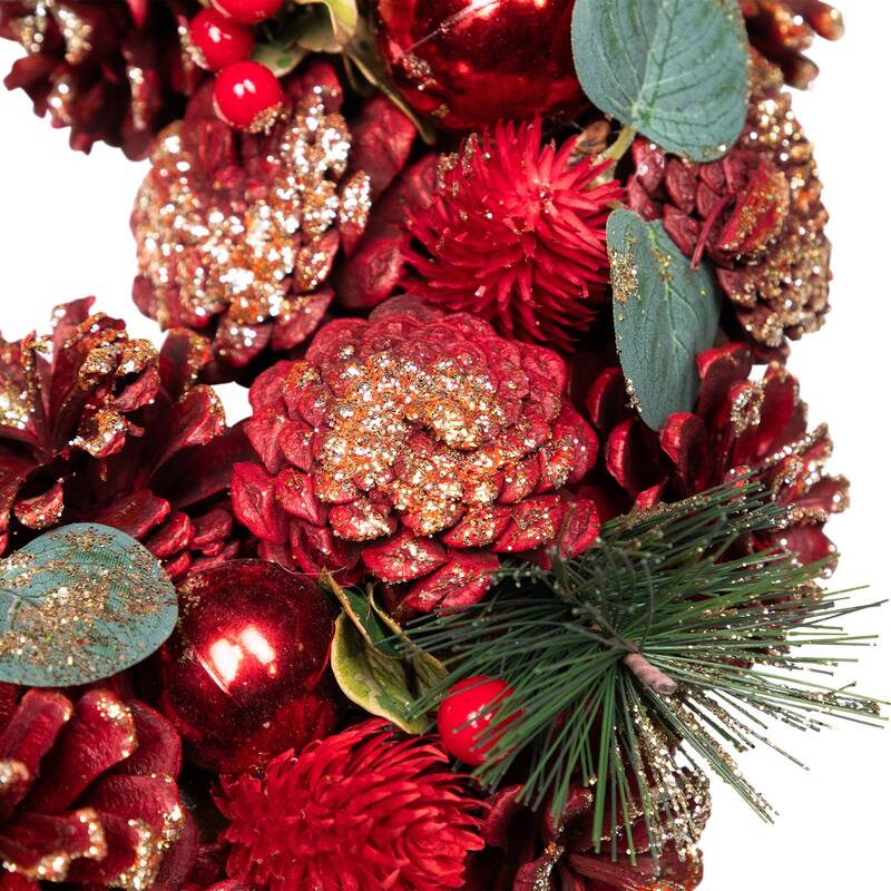 Pinecone, Berry and Ball Ornament Glittered Artificial Christmas Wreath - 13" - Unlit