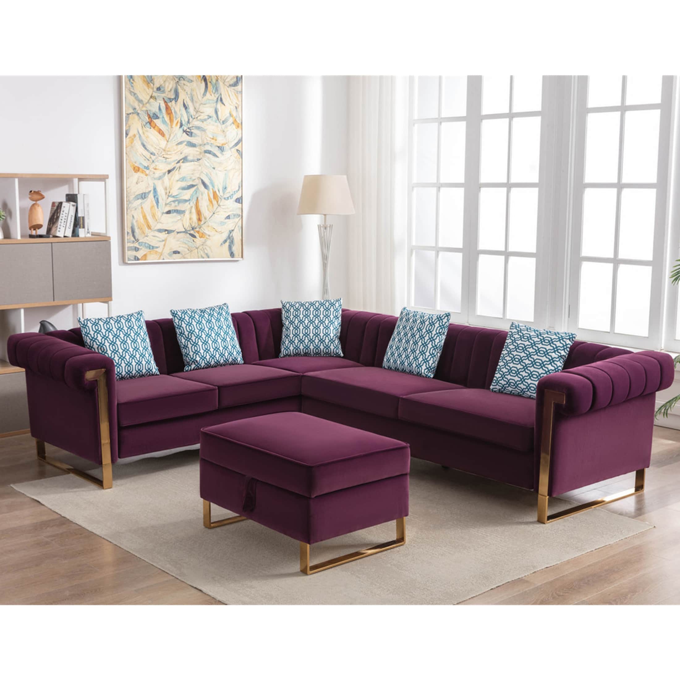 Purple velvet top sectional couch