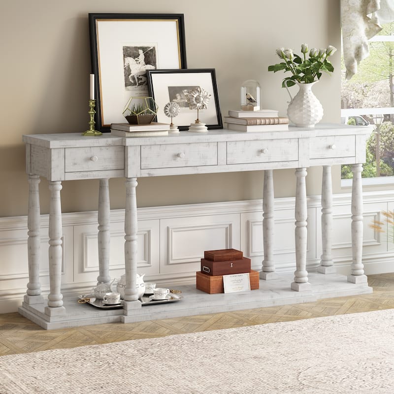 Retro Senior Console Table for Hallway Living Room Bedroom with 4 Front Facing Storage Drawers and 1 Shelf