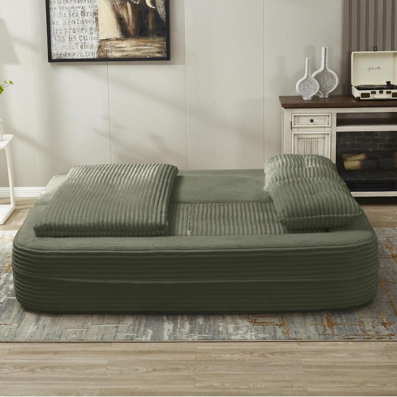 Sleeper Sofa with Chaise Lounge, Convertible Sectional Couch Bed, Corduroy 3-Seat Sofa, Folding Boneless Couch