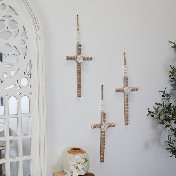 Light Brown Wood Carved Beaded Crosses Biblical Wall Decor with Rope ...
