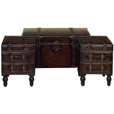 Faux Leather Vintage 4 Drawer Storage Bench with Strap Handles and Turned Legs - Set of 3 Brown - Roche River Decor