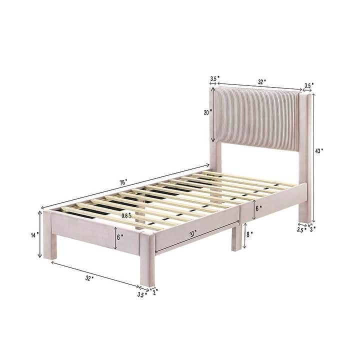 Twin Size Wood Platform Bed with Ribbed Upholstered Headboard and Low-Profile Frame