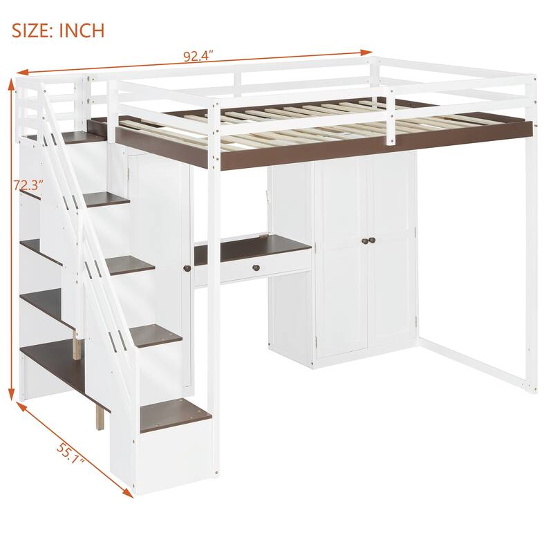 Full Size Loft Bed with Storage Staircase, Built-in Dressing Table, Mirror & Wardrobe - USB Charging & Lights