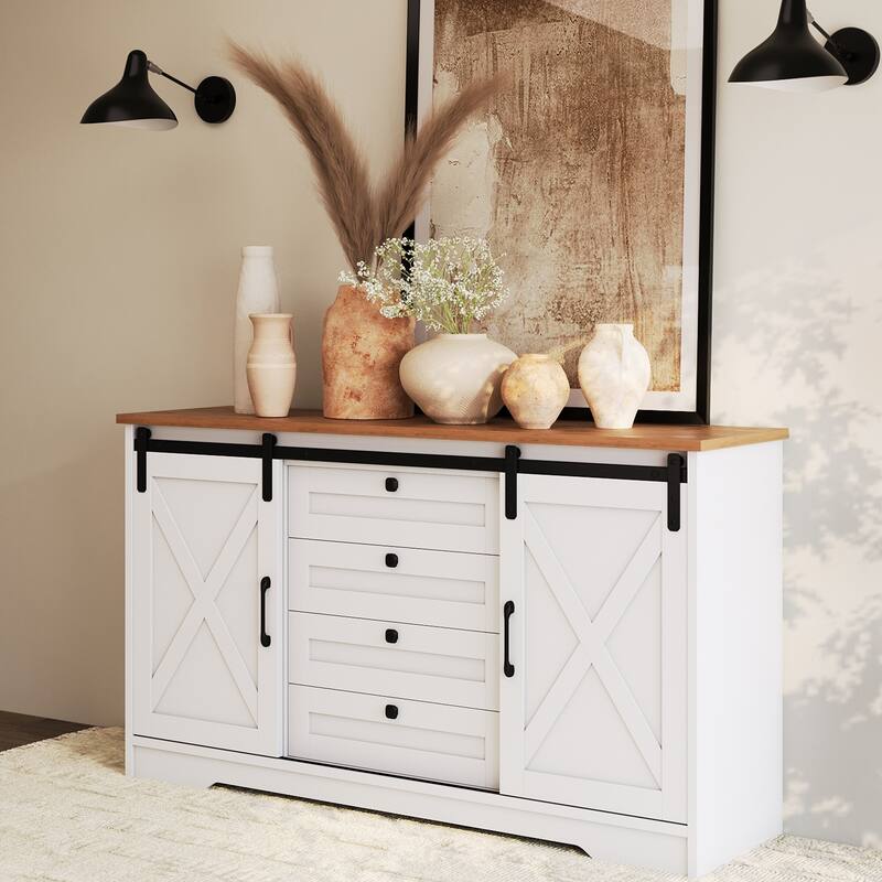 JASIWAY Barn Buffet Sideboard Cabinet with 2 Doors and 4 Drawers