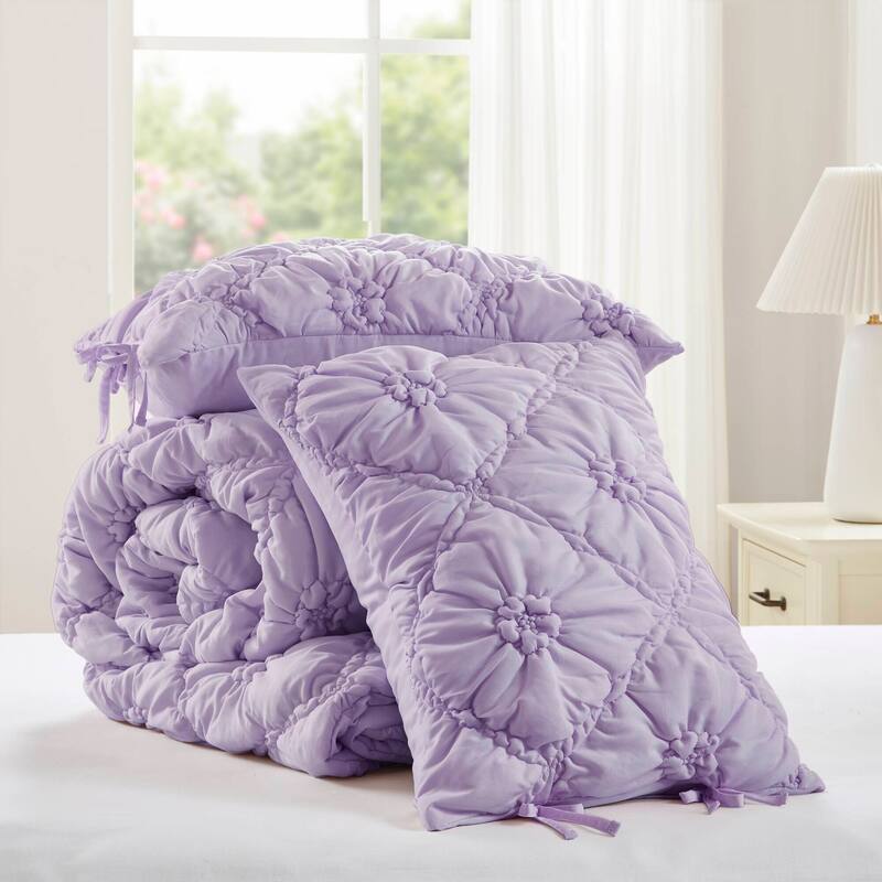 3PCS Full/Queen Textured Floral Comforter Set with Shams Puffy Design All Season Comfort