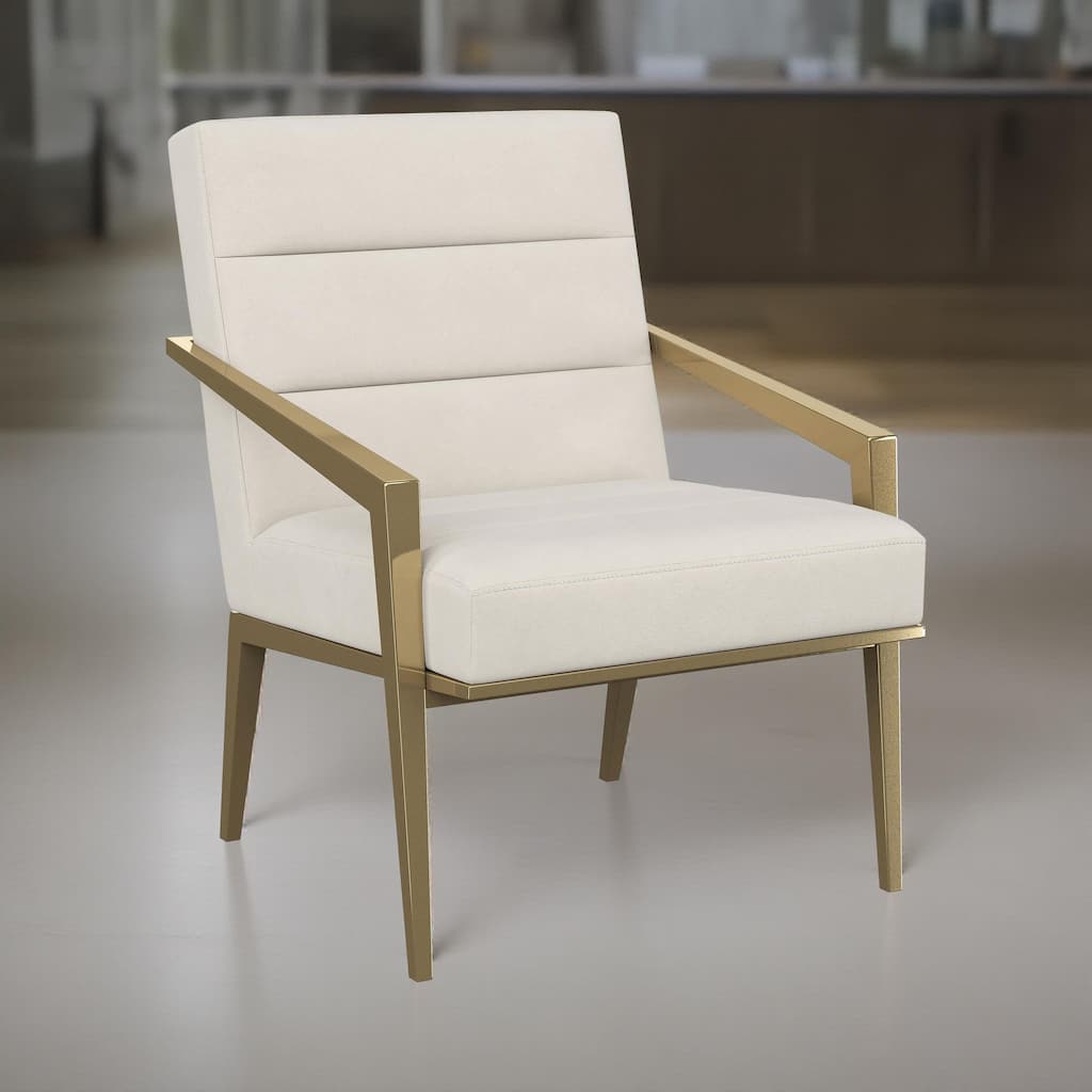Kiara Accent Chair, Channel Tufted Cream Fabric, Gold Metal Frame