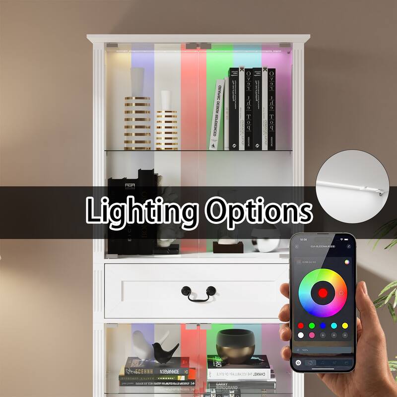 Bookshelves LED Display Cabinet with Tempered Glass Doors, App-Controlled Multicolor Lighting