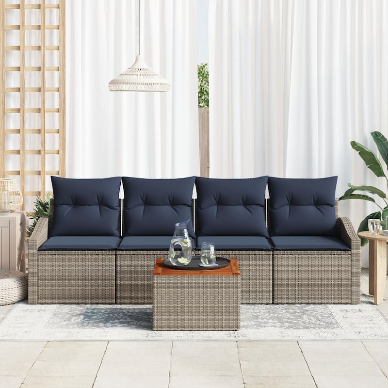 vidaXL 5 Garden Sofa Set with Cushions Black/Grey Poly Rattan - 91.7 x 24.4 x 27.2