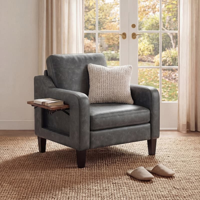 Modern Accent Chair with Wooden Armrest Comfortable Single Sofa Armchair for Living Room Bedroom Reading - Black