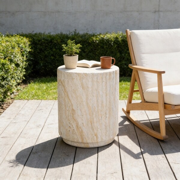 Outdoor Side Table, Cylinder Shaped MgO Patio End Table